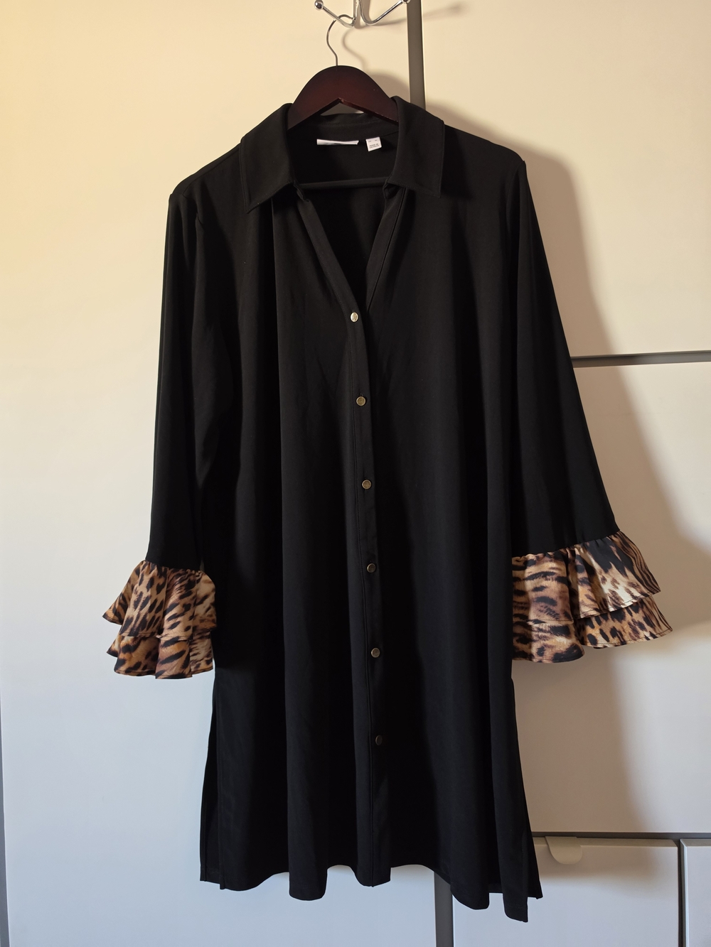 Susan Graver black button-front tunic blouse double layered leopard print